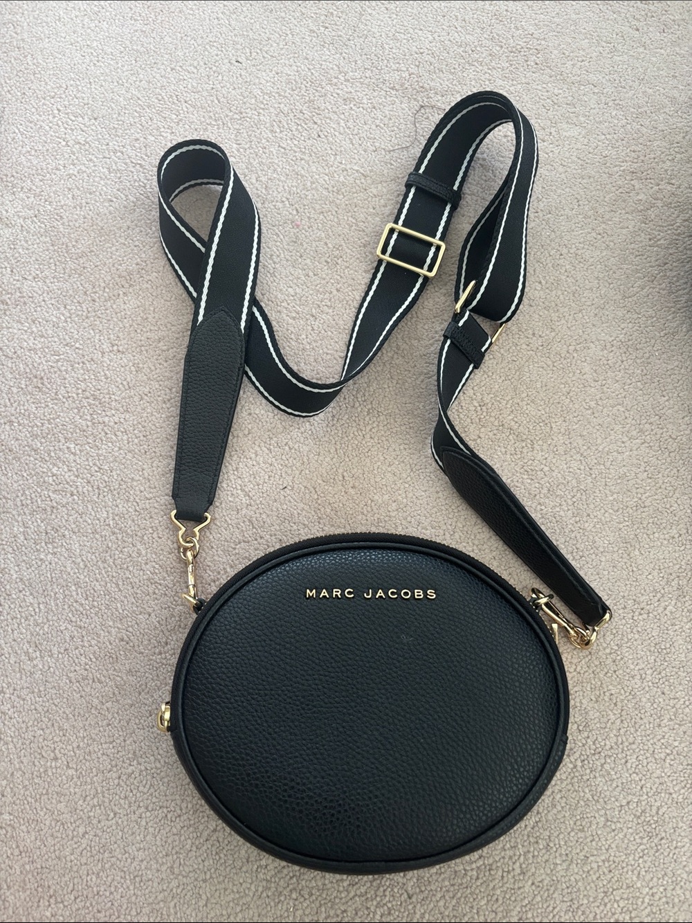 Marc Jacobs Black Pebbled Leather Round Crossbody with White-Stitched Strap